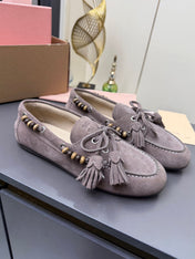 MIUMIU 26S TASSEL LOAFERS IN TAUPE BROWN SUEDE BEADED TRIM