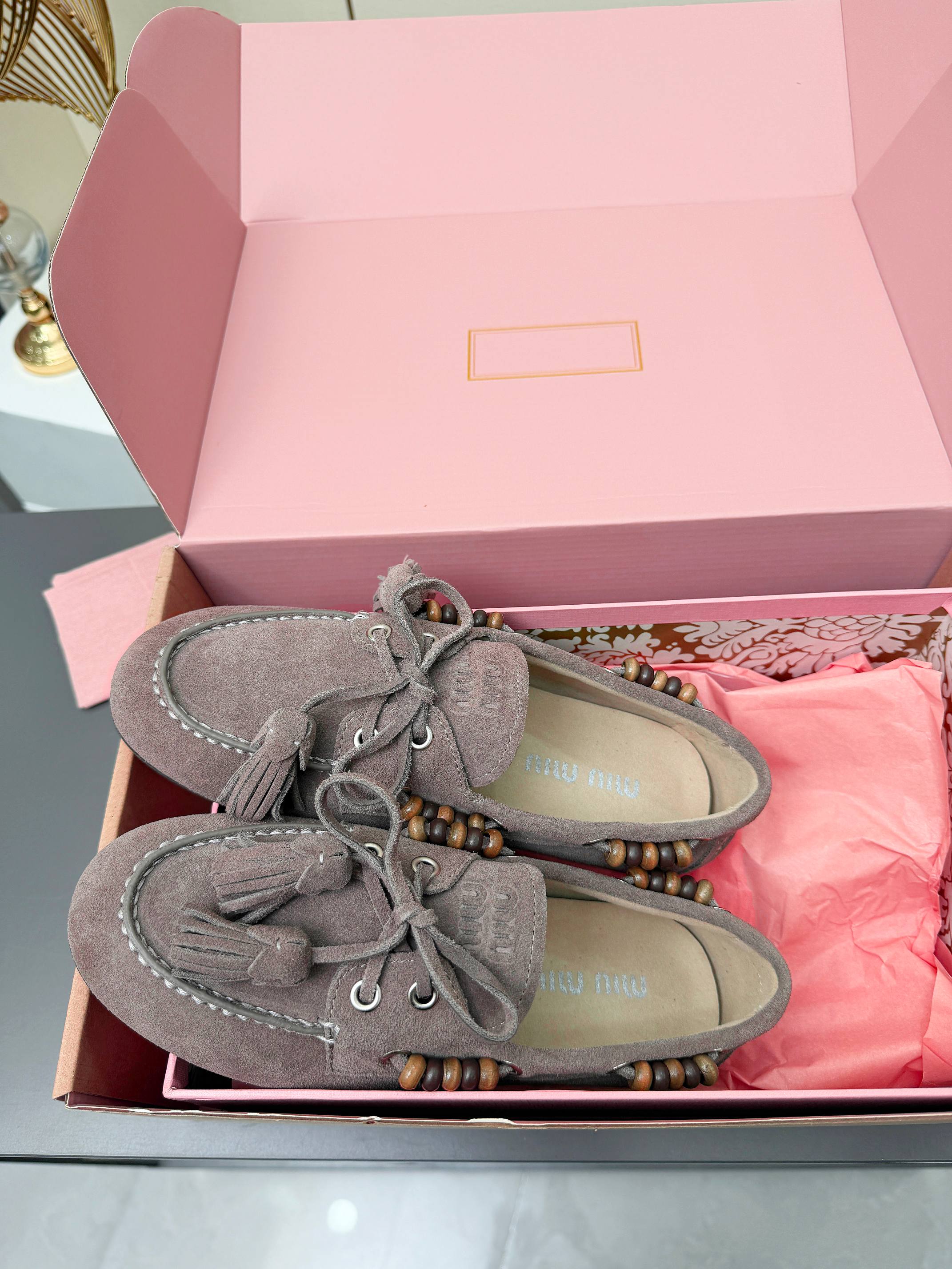 MIUMIU 26S TASSEL LOAFERS IN TAUPE BROWN SUEDE BEADED TRIM