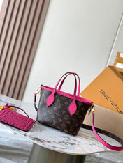 NEVERFULL BANDOULIÈRE INSIDE OUT BB 24 IN BROWN MONOGRAM CANVAS AND PINK CALFSKIN