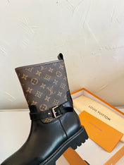 TERRITORY FLAT ANKLE BOOT IN BLACK MIX CHOCOLATE BROWN MONOGRAM CALFSKIN