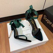 ANKLE SANDAL 10 CM IN GREEN FOREST VELVET AND SILK