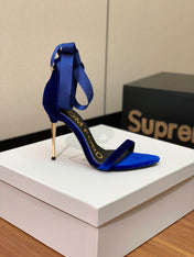ANKLE SANDAL 10 CM IN NAVY BLUE VELVET AND SILK