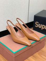 LP POINTED TOE MID-HEEL SLINGBACK CARAMEL CALFSKIN