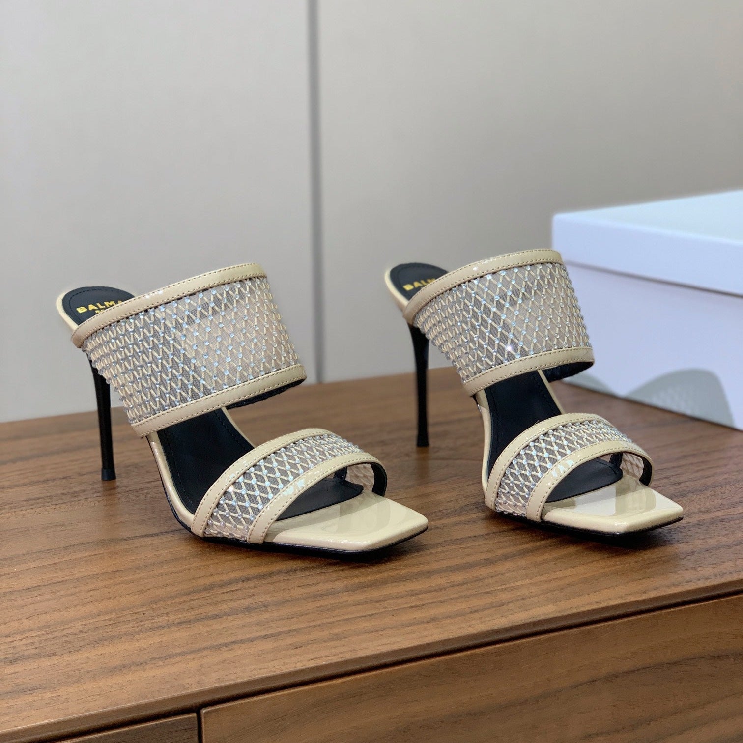 BALMAIN 26S HEEL SANDALS 95 MM IN BEIGE MESH FABRIC WITH CRYSTAL EMBELLISHMENT