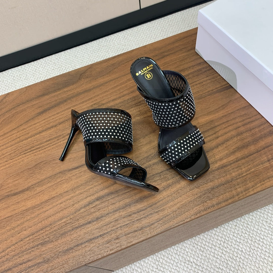 BALMAIN 26S HEEL SANDALS 95 MM IN BLACK MESH FABRIC WITH CRYSTAL EMBELLISHMENT