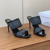 BALMAIN 26S HEEL SANDALS 95 MM IN BLACK MESH FABRIC WITH CRYSTAL EMBELLISHMENT