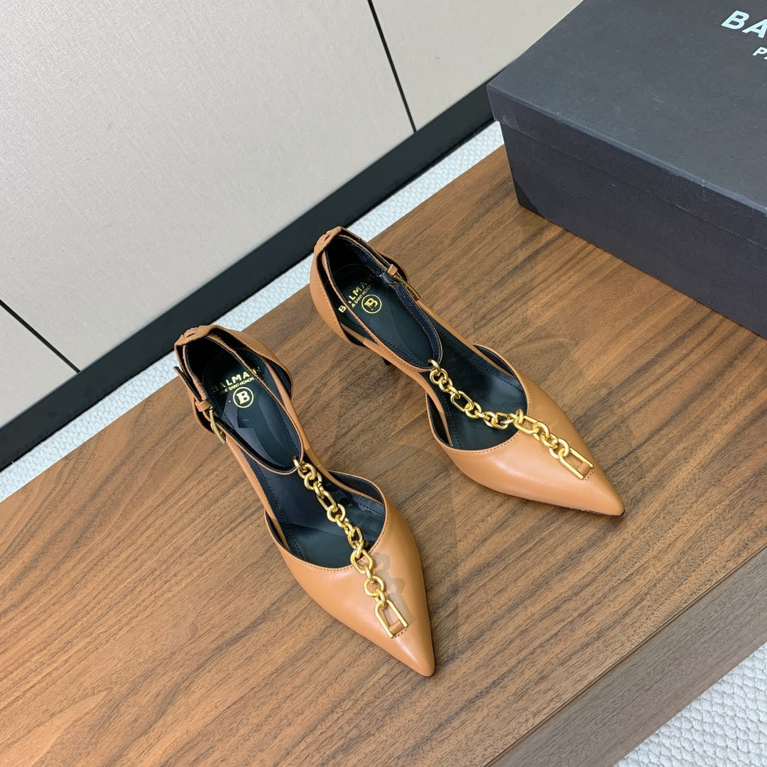 BALMAIN 26S CHAIN HIGH HEELS 95 MM IN LIGHT BROWN CALFSKIN