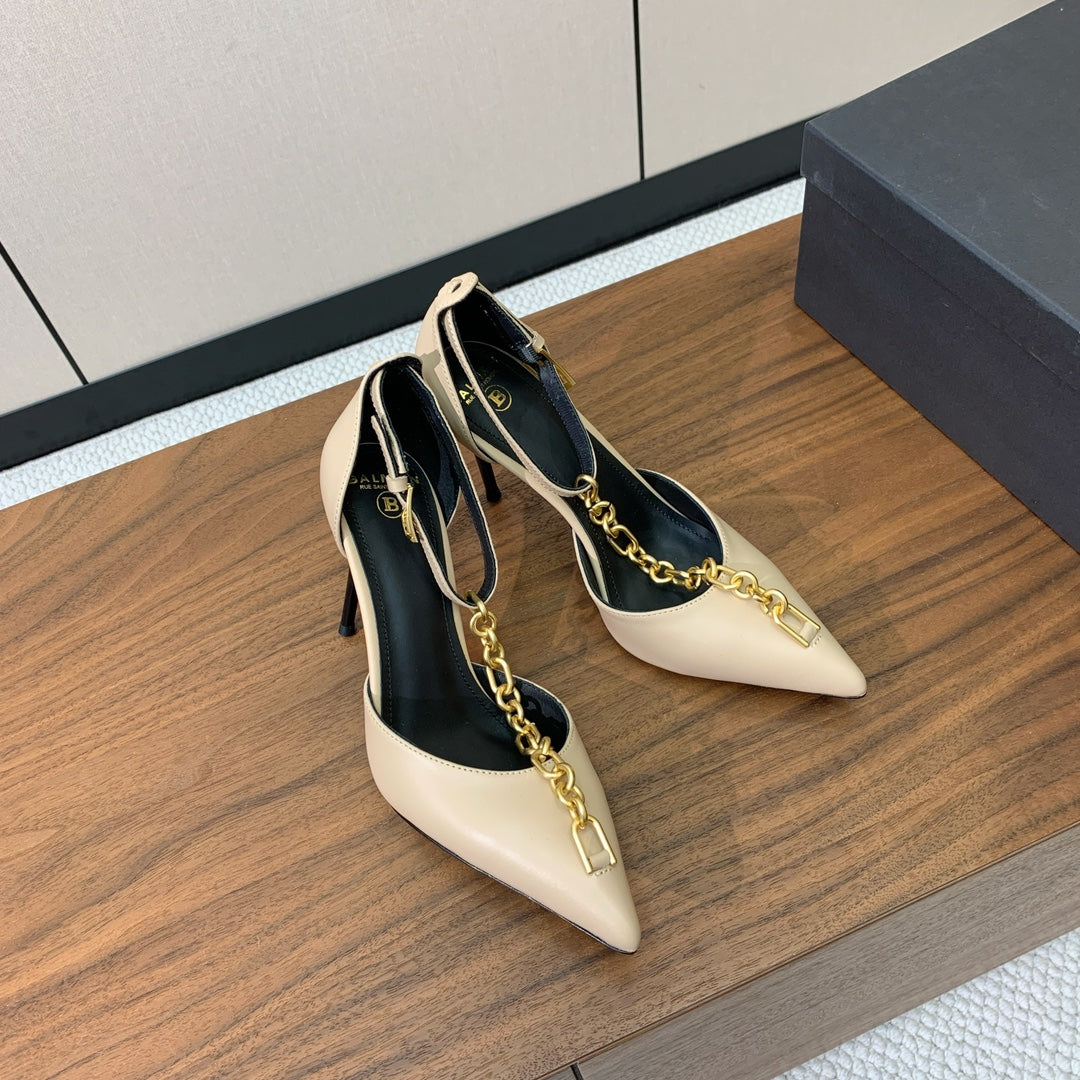 BALMAIN 26S CHAIN HIGH HEELS 95 MM IN BEIGE CALFSKIN