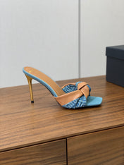 BALMAIN 25S HIGH HEEL MULES 95MM IN WARM CARAMEL DENIM AND CALFSKIN
