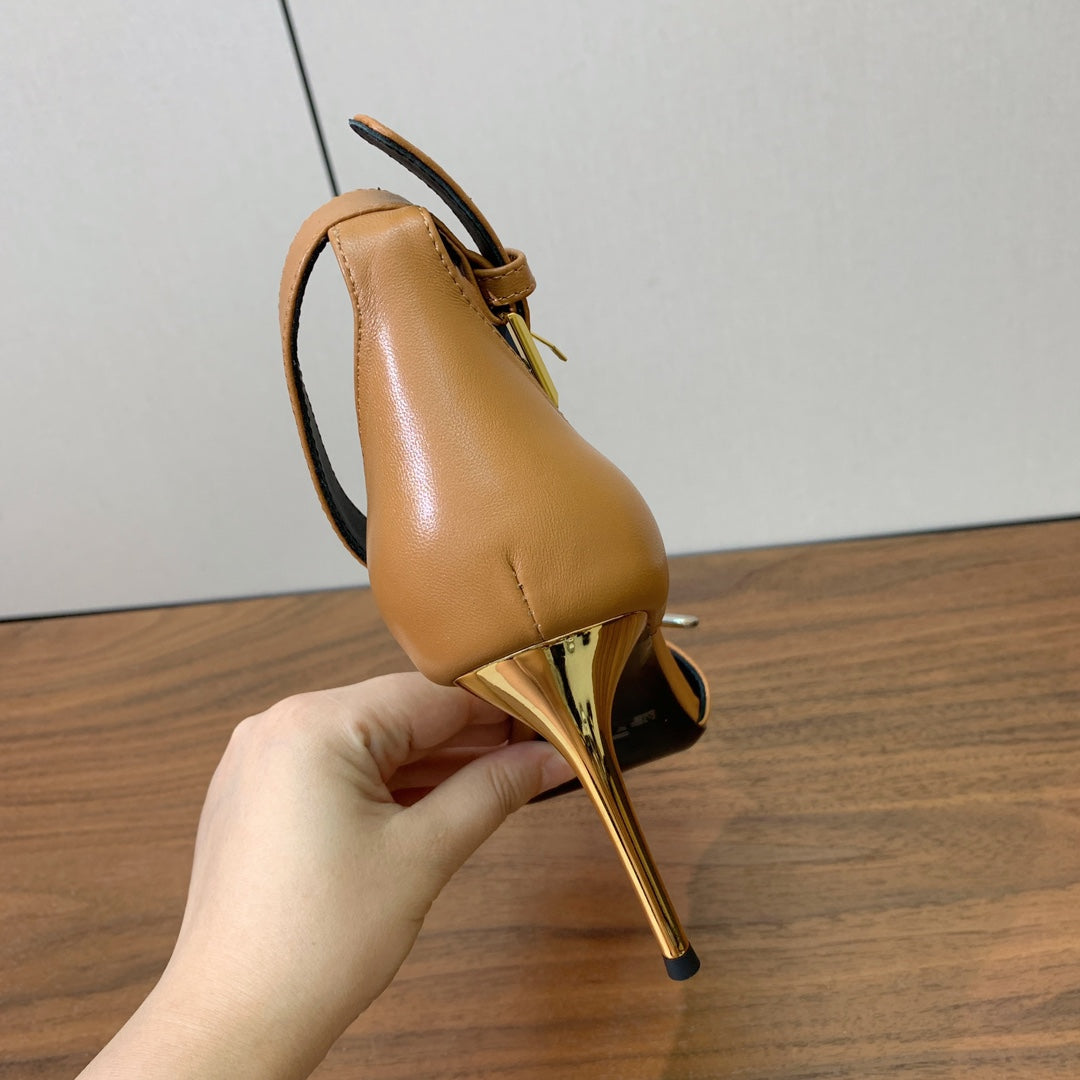 BALMAIN 26S HEELED SANDALS 95 MM IN BROWN CALFSKIN WITH GOLD HARDWARE
