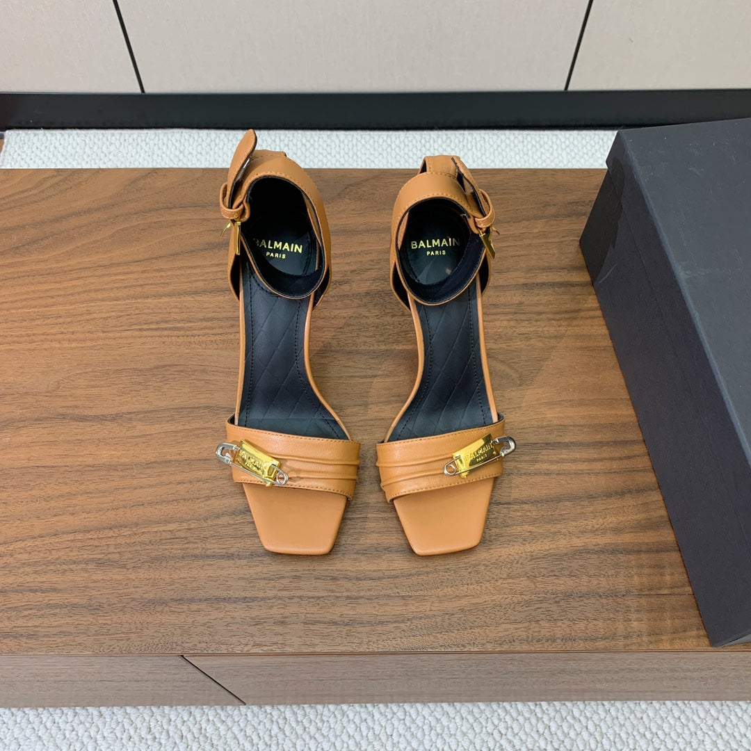 BALMAIN 26S HEELED SANDALS 95 MM IN BROWN CALFSKIN WITH GOLD HARDWARE