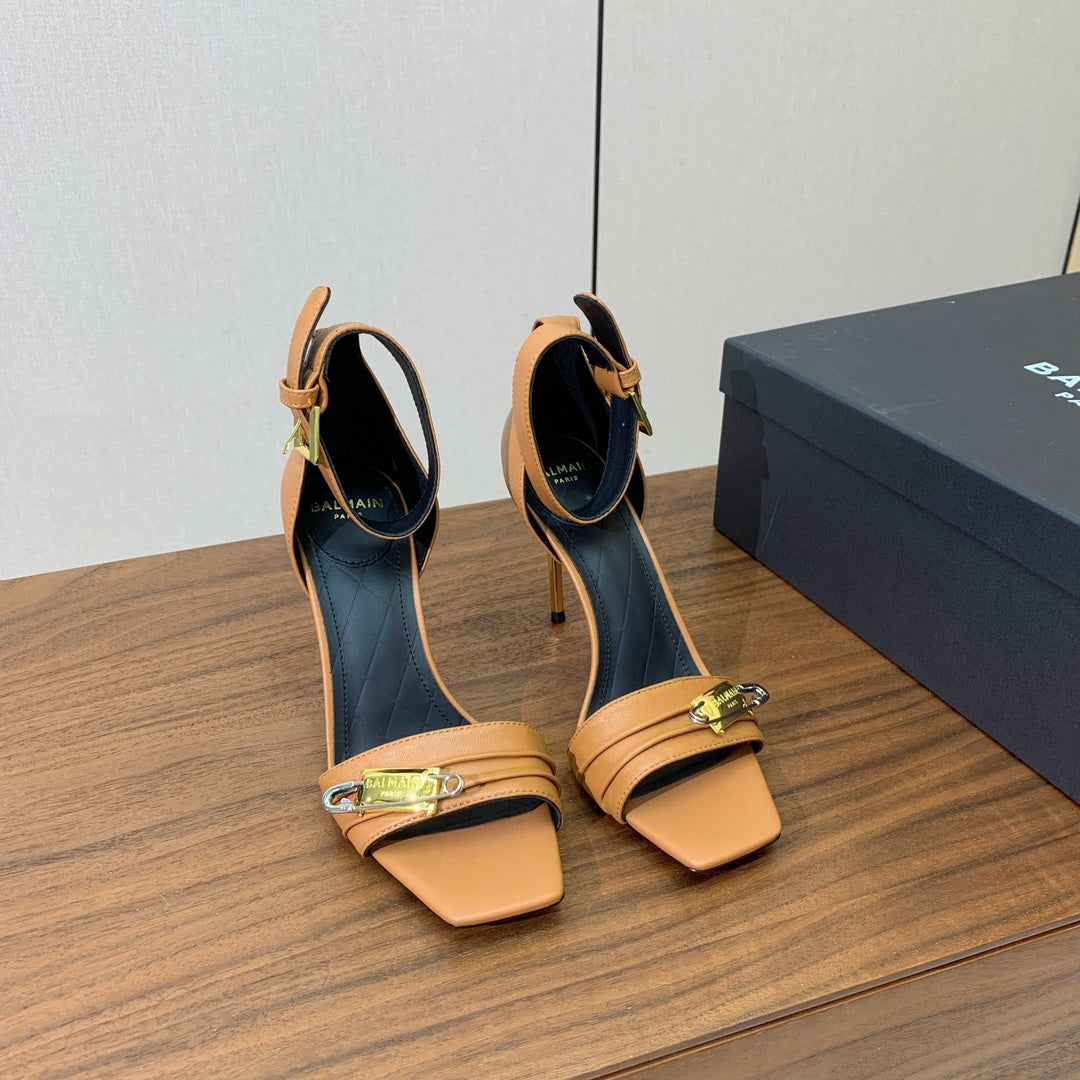 BALMAIN 26S HEELED SANDALS 95 MM IN BROWN CALFSKIN WITH GOLD HARDWARE