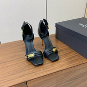 BALMAIN 26S HEELED SANDALS 95 MM IN BLACK CALFSKIN WITH GOLD HARDWARE