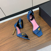 BALMAIN 26S HEELED SANDALS 95 MM IN BLUE DENIM WITH GOLD HARDWARE