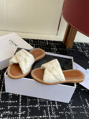 CELINE 26S TRIOMPHE FLAT SLIDES IN WHITE WOOL