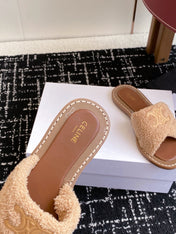 CELINE 26S TRIOMPHE FLAT SLIDES IN PEACH BEIGE WOOL