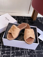 CELINE 26S TRIOMPHE FLAT SLIDES IN PEACH BEIGE WOOL