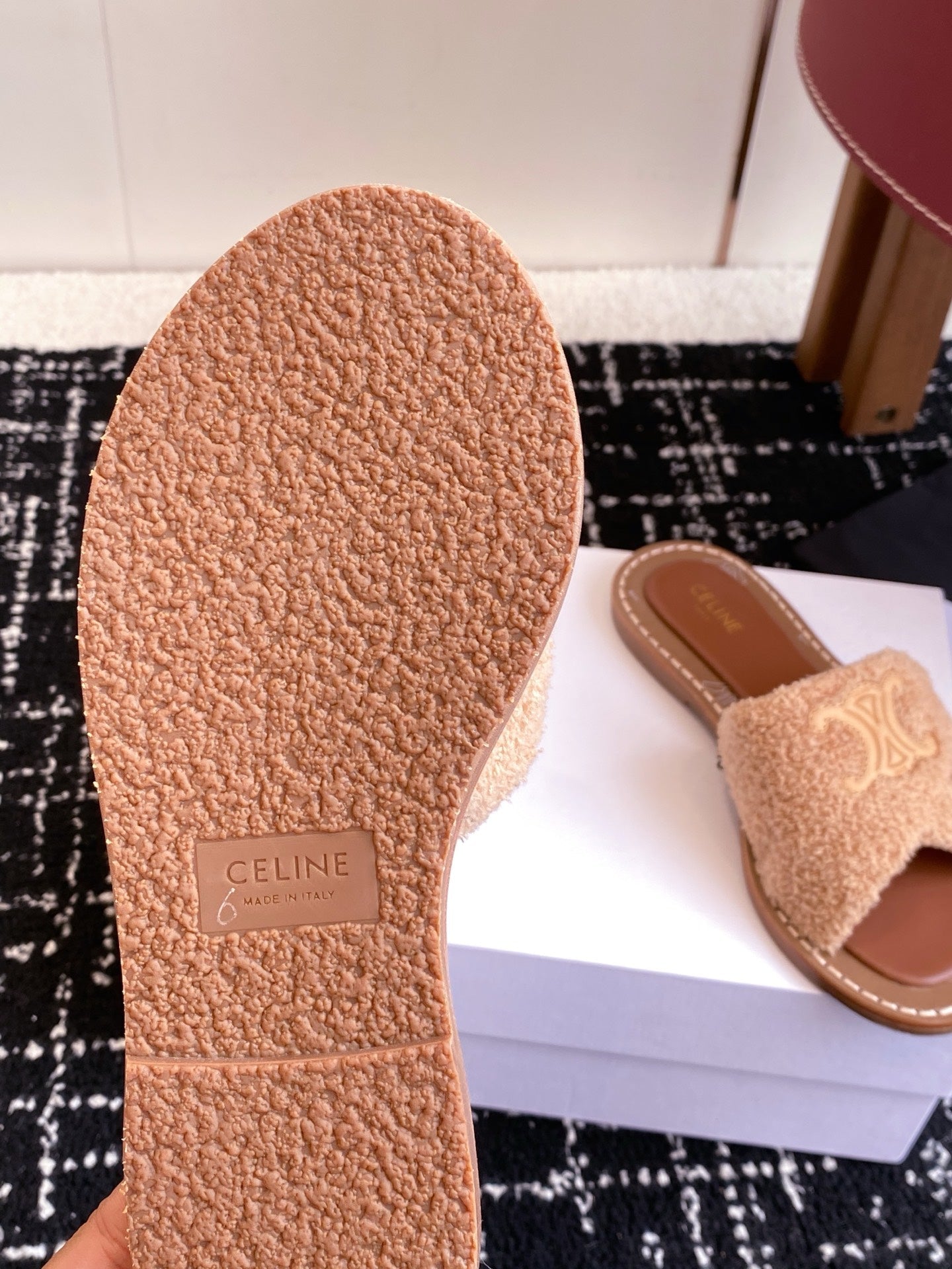 CELINE 26S TRIOMPHE FLAT SLIDES IN PEACH BEIGE WOOL