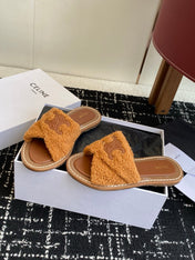 CELINE 26S TRIOMPHE FLAT SLIDES IN BROWN WOOL