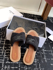 CELINE 26S TRIOMPHE FLAT SLIDES IN BLACK WOOL