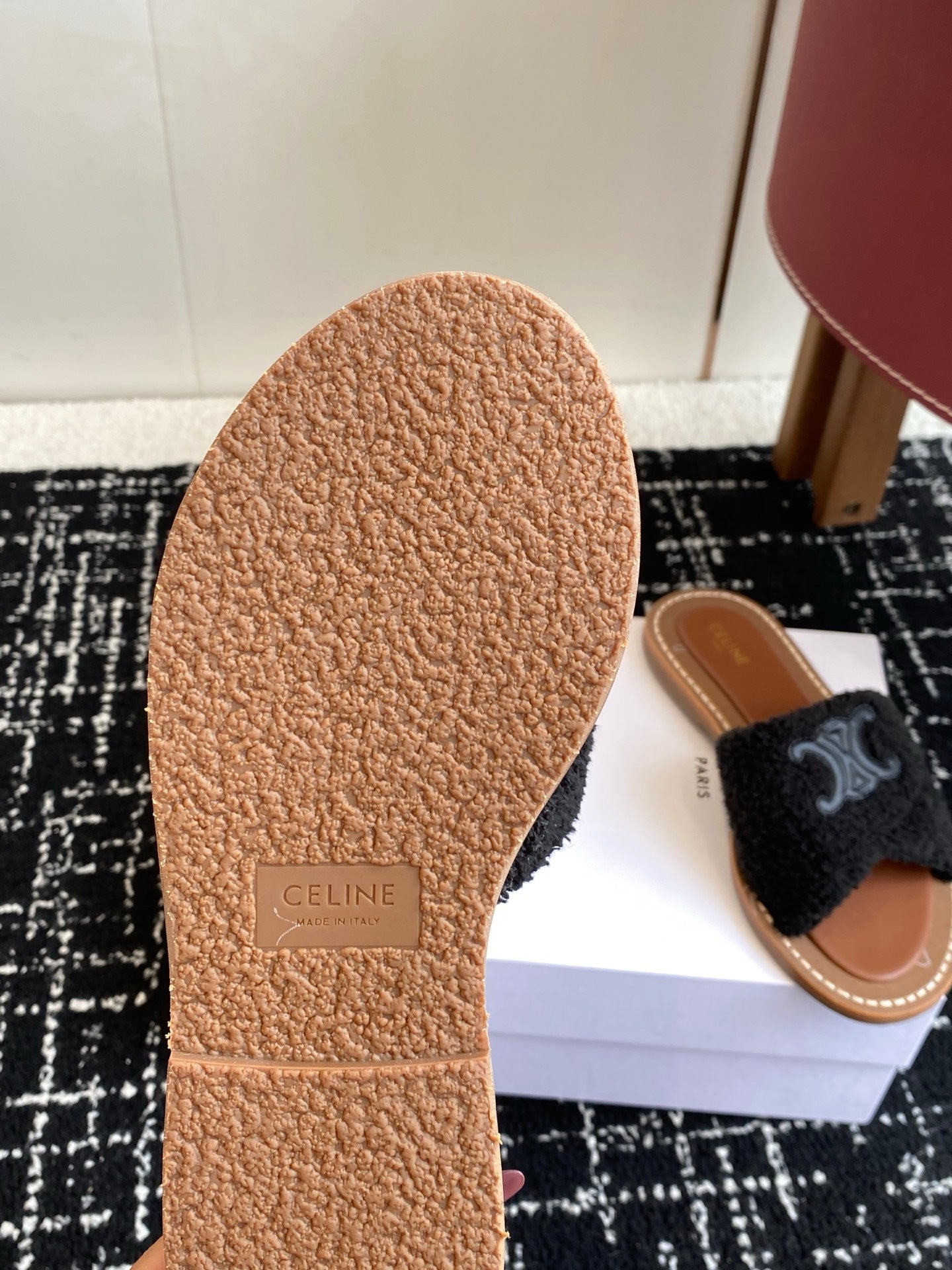 CELINE 26S TRIOMPHE FLAT SLIDES IN BLACK WOOL