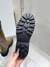 CELINE 26S KNEE-HIGH BOOTS IN OLIVE BROWN AND BLACK CALFSKIN