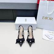 DIOR 26S POINTED TOE HEELED SANDALS 85MM IN BLACK FABRIC WITH PEARL BOW