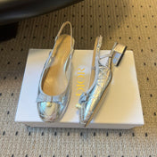 DIOR 26S OPEN BACK SANDALS IN SILVER CALFSKIN WITH PEARL BOW