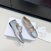 DIOR 26S BALLET FLAT IN SILVER LAMINATED LAMBSKIN AND GLITTER