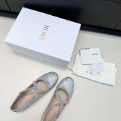 DIOR 26S BALLET FLAT IN SILVER LAMINATED LAMBSKIN AND GLITTER