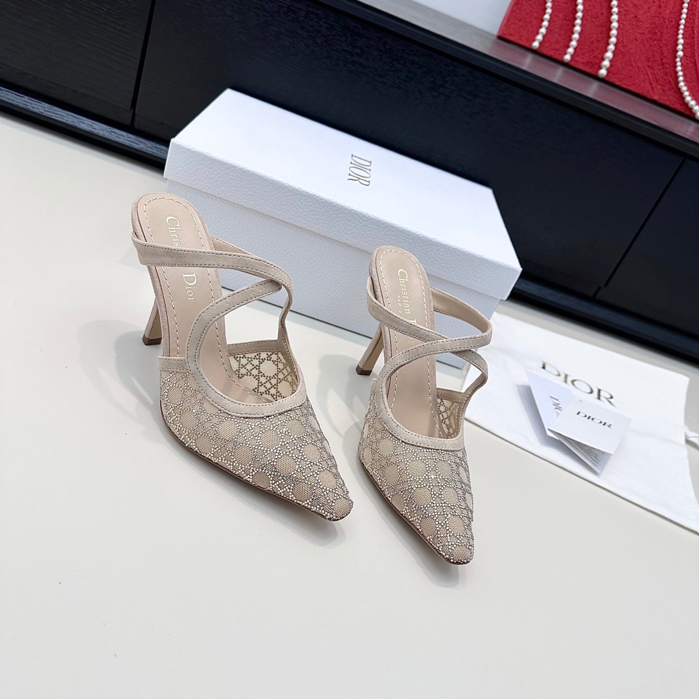 DIOR 26S CAPTURE HEELED MULE 100MM IN BEIGE SUEDE WITH SILVER STRASS CANNAGE MOTIF