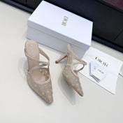 DIOR 26S CAPTURE HEELED MULE 100MM IN BEIGE SUEDE WITH SILVER STRASS CANNAGE MOTIF