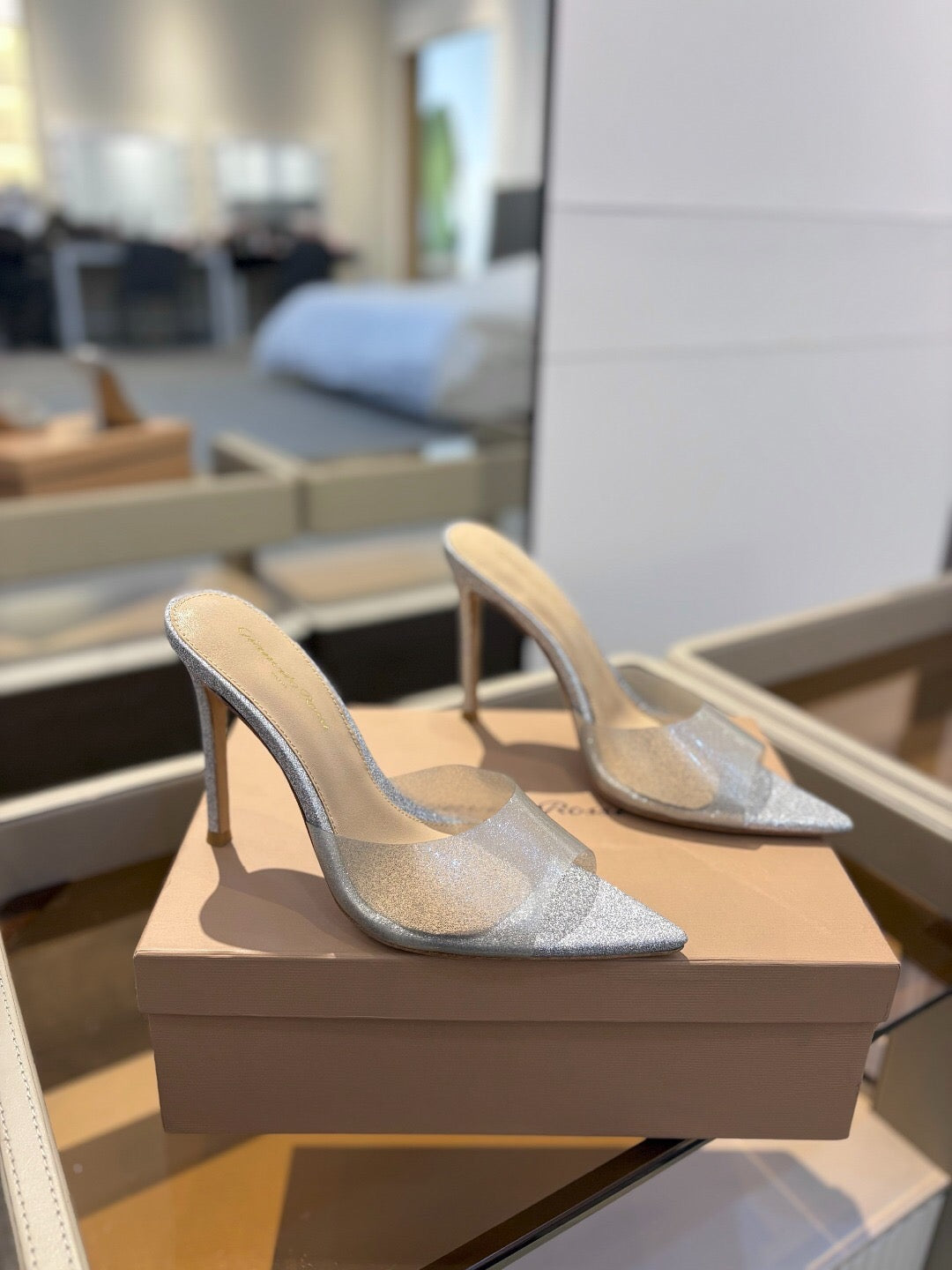 GIANVITO ROSSI 26S POINTED-TOE HIGH-HEEL SANDALS 105 MM IN SILVER GLITTER FABRIC