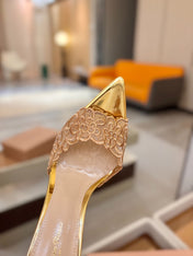 GIANVITO ROSSI 26S HEELED SANDALS 105 MM IN GOLD LACE AND LAMBSKIN