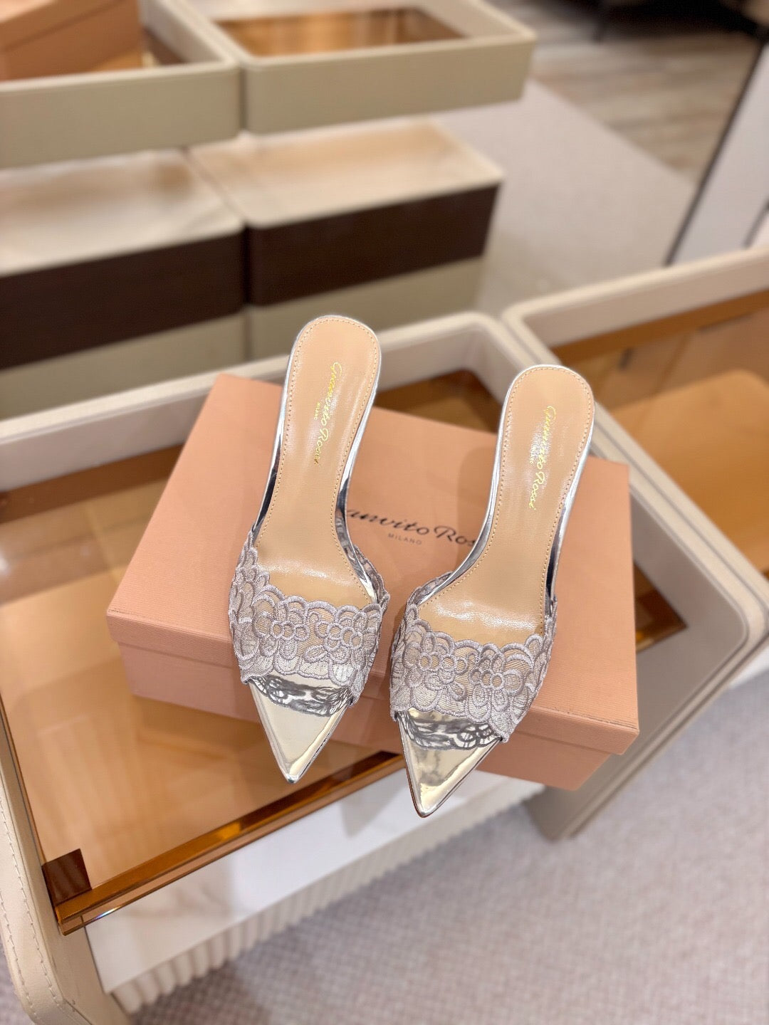 GIANVITO ROSSI 26S HEELED SANDALS 105 MM IN SILVER LACE AND LAMBSKIN