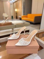 GIANVITO ROSSI 26S HEELED SANDALS 105 MM IN WHITE LACE AND LAMBSKIN