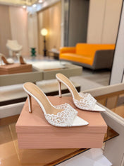 GIANVITO ROSSI 26S HEELED SANDALS 105 MM IN WHITE LACE AND LAMBSKIN