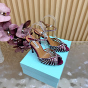 AQUAZZURA 26S CRYSTAL SANDALS 85 MM IN DARK RED SATIN