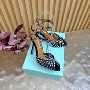 AQUAZZURA 26S CRYSTAL SANDALS 85 MM IN BLACK SATIN