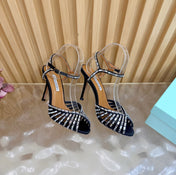 AQUAZZURA 26S CRYSTAL SANDALS 85 MM IN BLACK SATIN