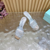 AQUAZZURA 26S CRYSTAL HIGH-HEEL SLIDES 85 MM IN SILVER CALFSKIN