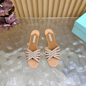 AQUAZZURA 26S SLIDES IN NUDE CALFSKIN CRYSTAL-EMBELLISHED STRAPS