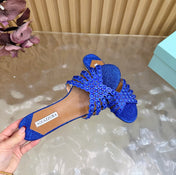 AQUAZZURA 26S SLIDES IN NAVY BLUE LUREX FABRIC