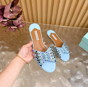 AQUAZZURA 26S SLIDES IN SKY BLUE CALFSKIN CRYSTAL-EMBELLISHED STRAPS