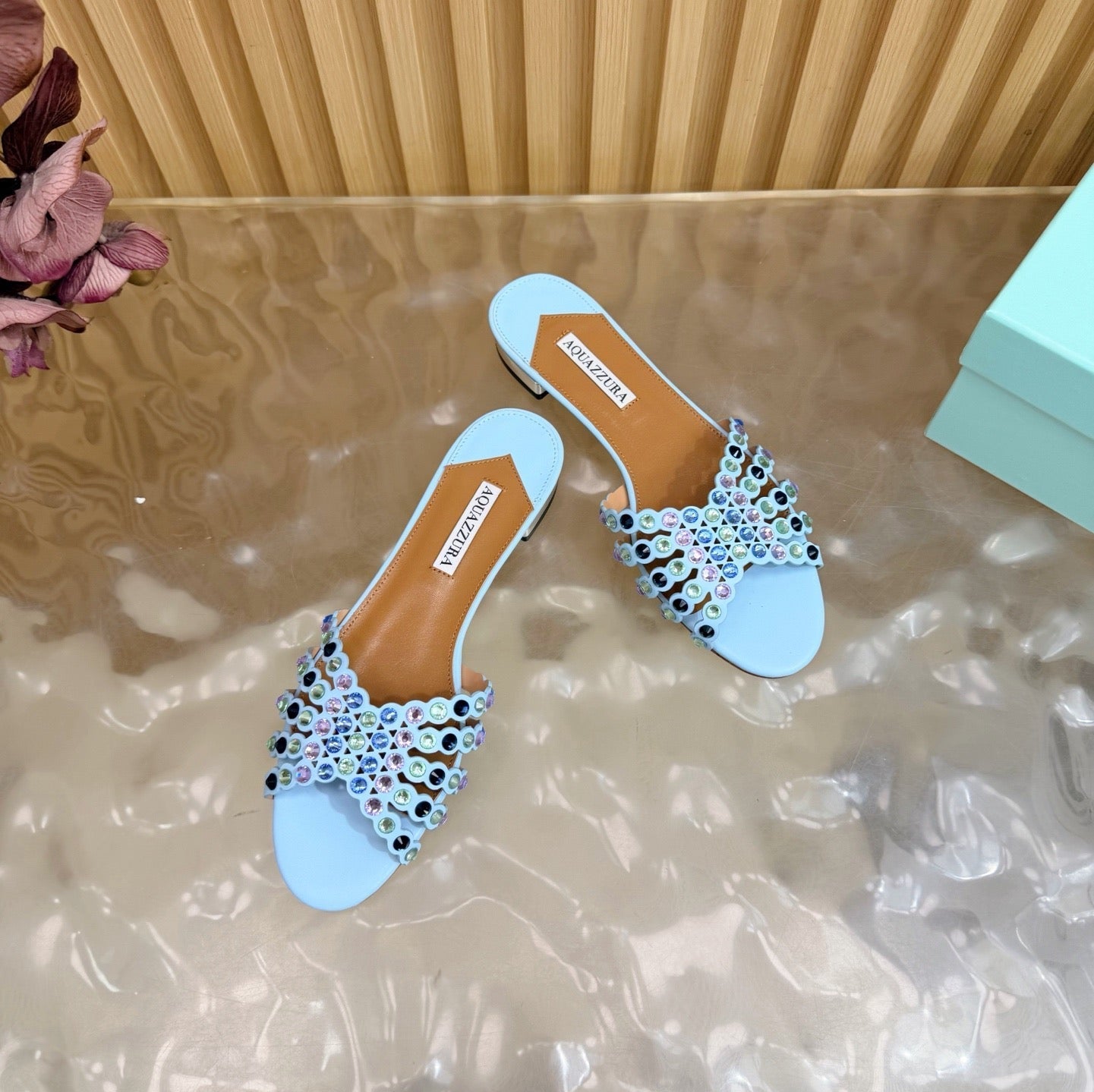 AQUAZZURA 26S SLIDES IN SKY BLUE CALFSKIN CRYSTAL-EMBELLISHED STRAPS