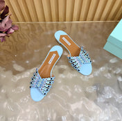 AQUAZZURA 26S SLIDES IN SKY BLUE CALFSKIN CRYSTAL-EMBELLISHED STRAPS