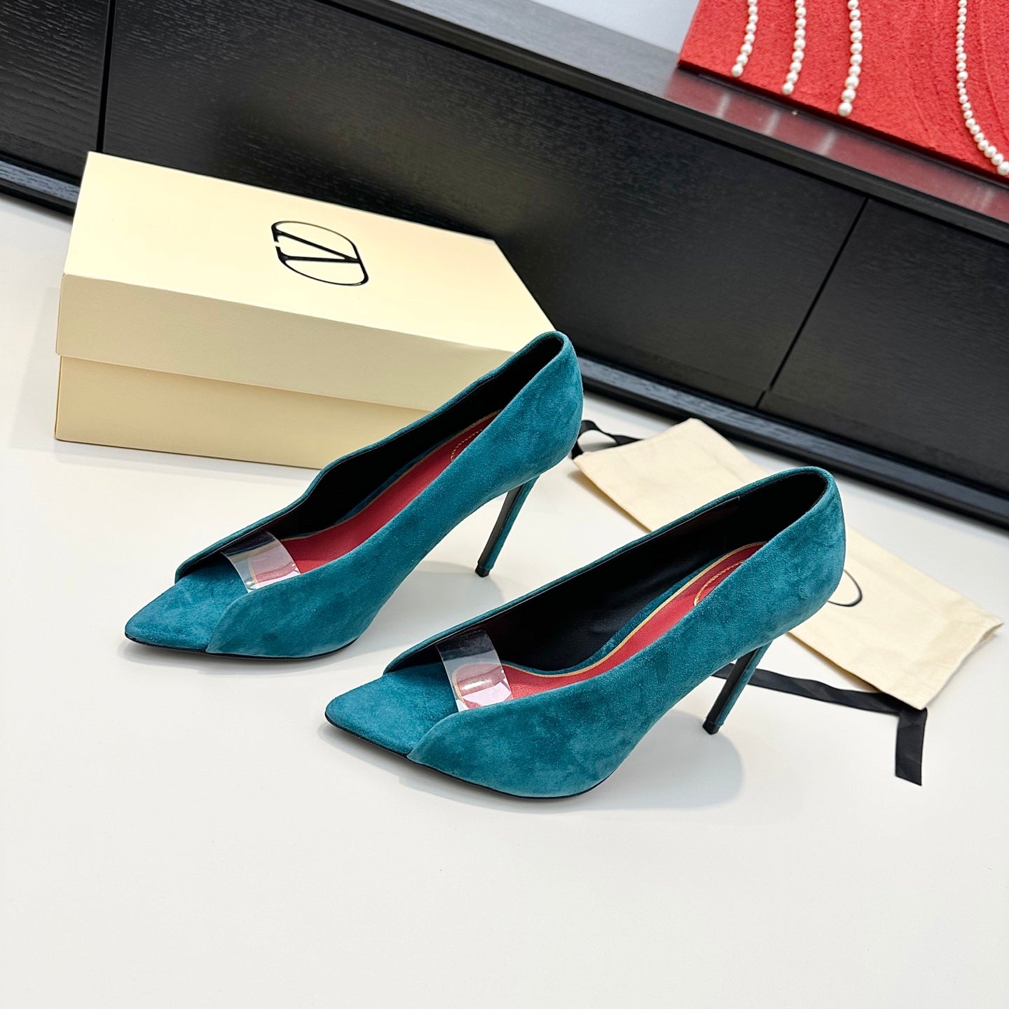 VALENTINO 26S PEEP-TOE HIGH HEELS 100 MM IN TEAL BLUE SUEDE