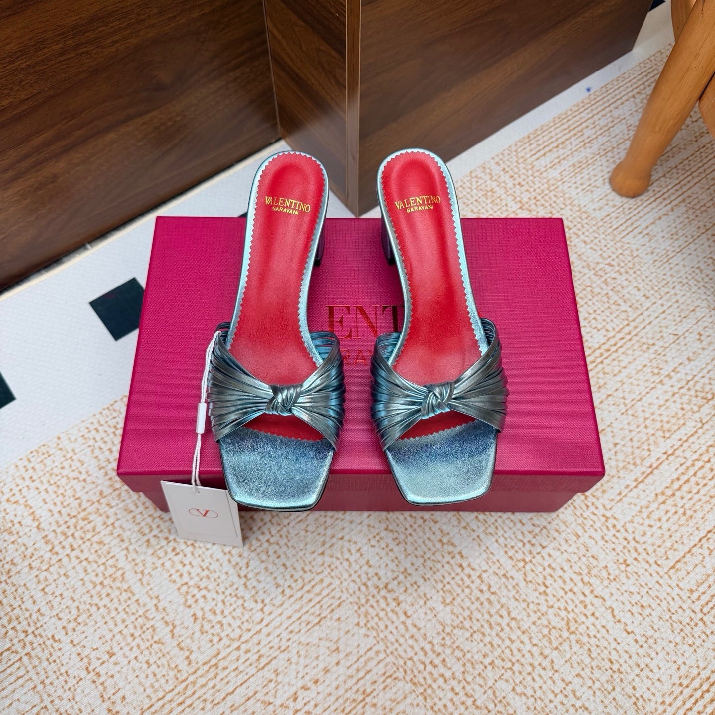 VALENTINO 26S BLOCK-HEEL SANDALS 65 MM IN METALLIC BLUE CALFSKIN