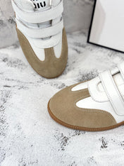 RETRO SNEAKERS WITH RIPTAPE STRAPS IN WHITE LAMBSKIN MIX PEANUT SUEDE