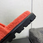 CHANEL 26S SLIDE SANDALS IN BLACK AND CORAL PINK SHEARLING OPEN TOE